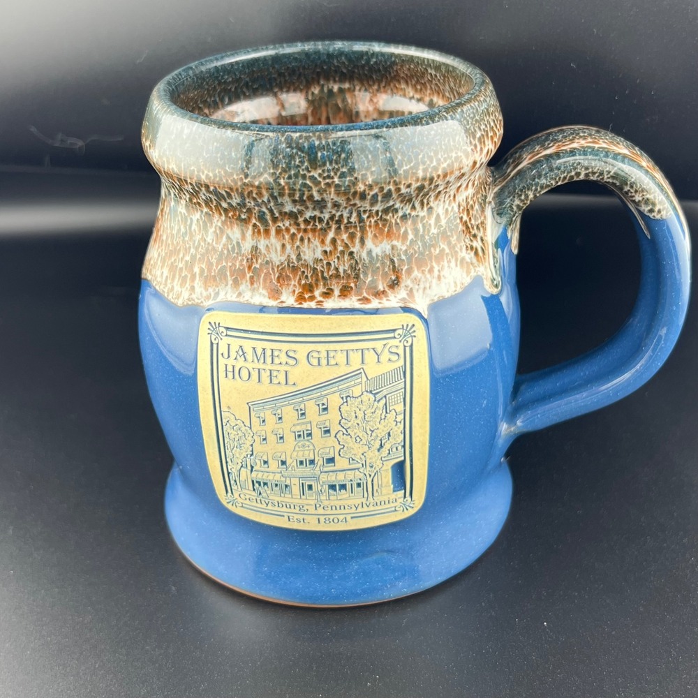 Deneen Pottery James Gettys Hotel Mug Blue Brown Drip Glaze Gettysburg PA Exc